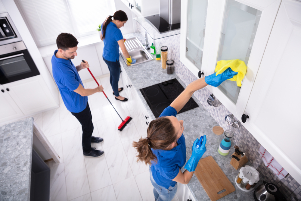 Group,Of,Young,Janitors,In,Uniform,Cleaning,Kitchen,At,Home